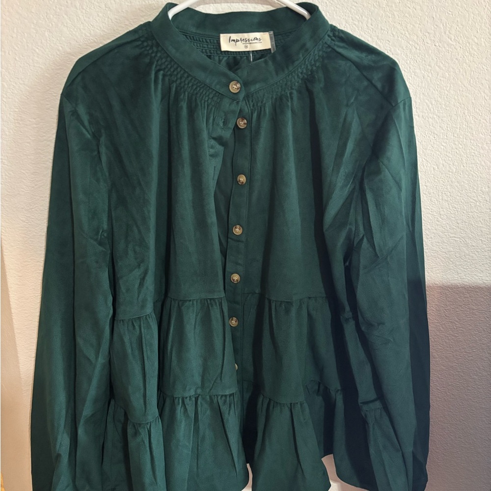 Forest Green Velvet Tiered Babydoll Button Up Blouse